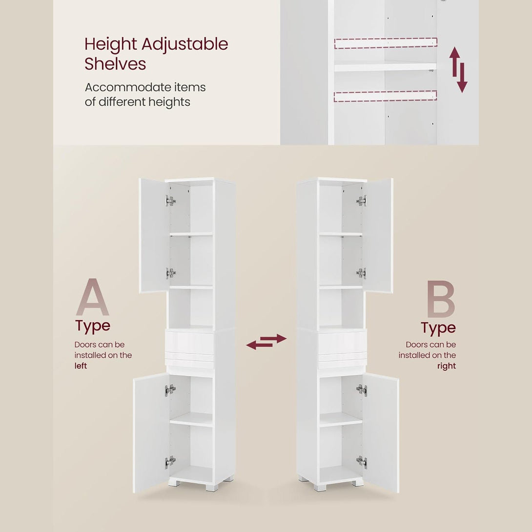 Visoki, uski kupaonski ormarić, podesive police, bijele boje | VASAGLE-Vasdom.hr