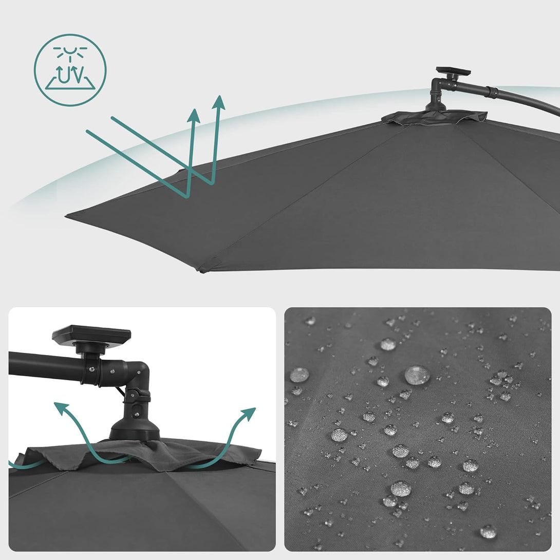 Vrtni suncobran s postoljem i LED svjetlima na solarnu energiju, sivi | SONGMICS-Vasdom.hr