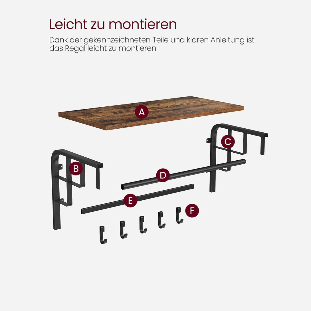 Zidna vješalica s policom i kukicama za kapute ,66 x 30 x 27 cm, smeđe crna | VASAGLE-Vasdom.hr