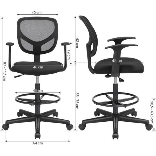 Ergonomska uredska stolica s naslonima za ruke, visina sjedala 55-75 cm, crna | SONGMICS-Vasdom.hr