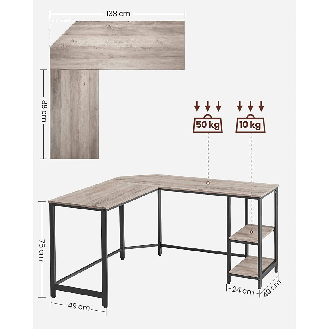 računalni stol, kutni stol u obliku slova L, radni stol, siva, 138 x 138 x 75 cm | VASAGLE-Vasdom.hr