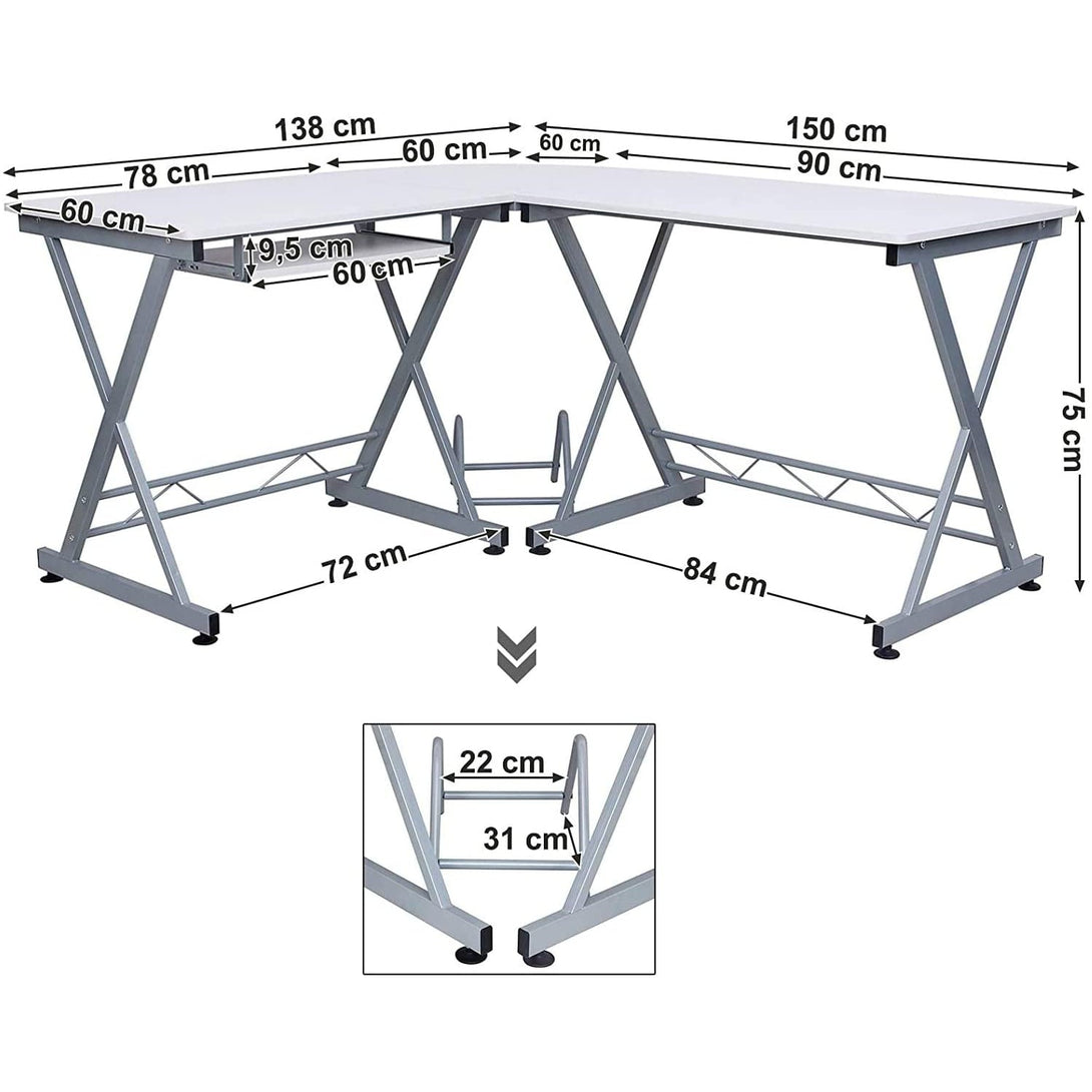 SONGMICS kutni stol za računalo, stol u obliku slova L 150 x 138 x 75 cm, bijeli | VASAGLE-Vasdom.hr