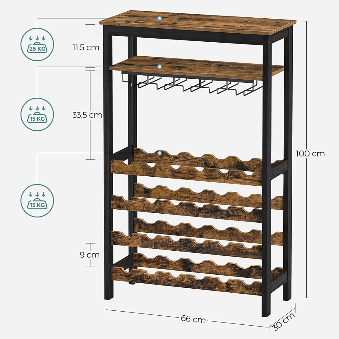 Stalak za 24 boce vina s držačem za čašu, 66 x 100 x 30 cm, rustikalno smeđa | SONGMICS-Vasdom.hr