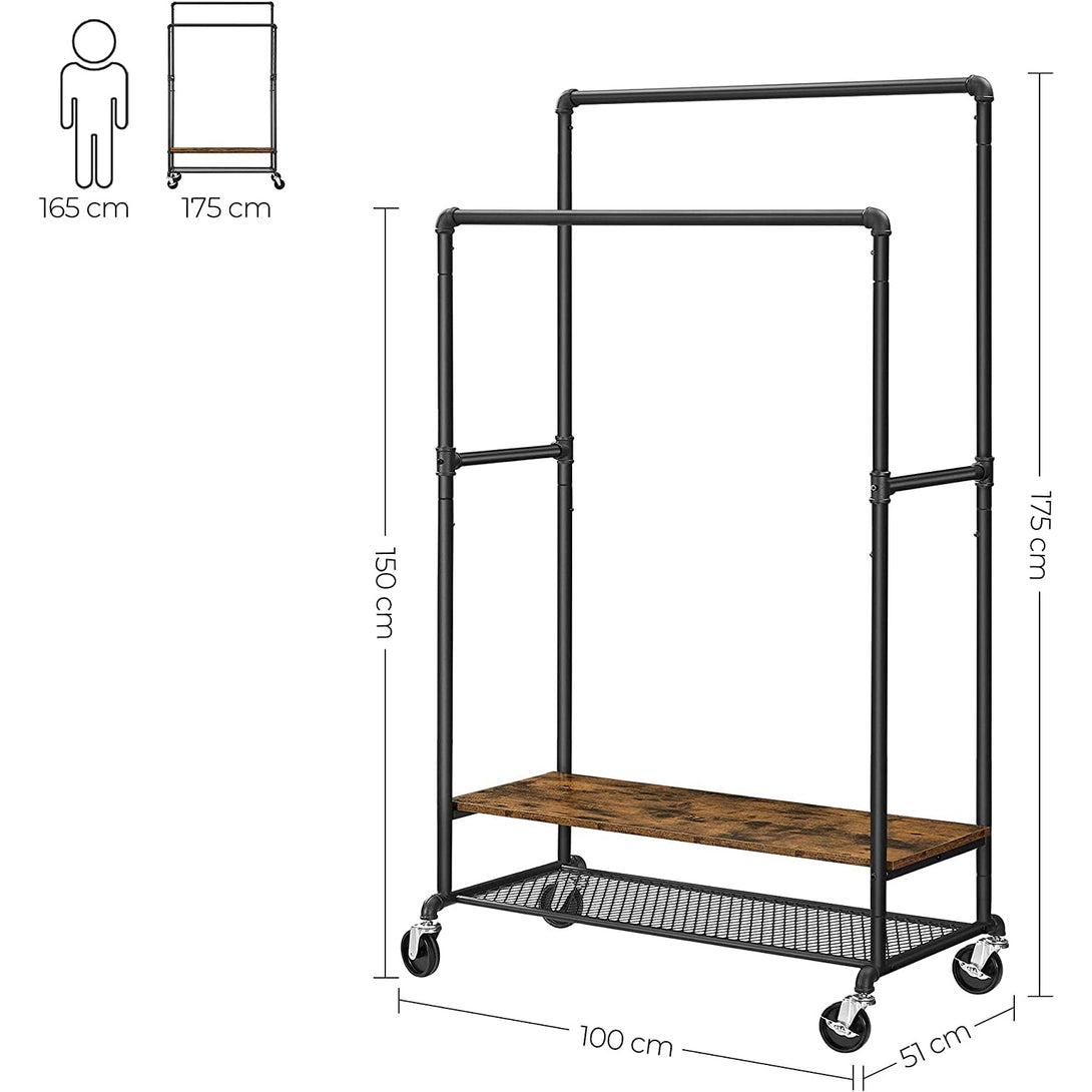 Stalak za odjeću, stalak za odjeću s 2 šipke 100 x 150/175 x 51 cm, rustikalno smeđa | VASAGLE-Vasdom.hr