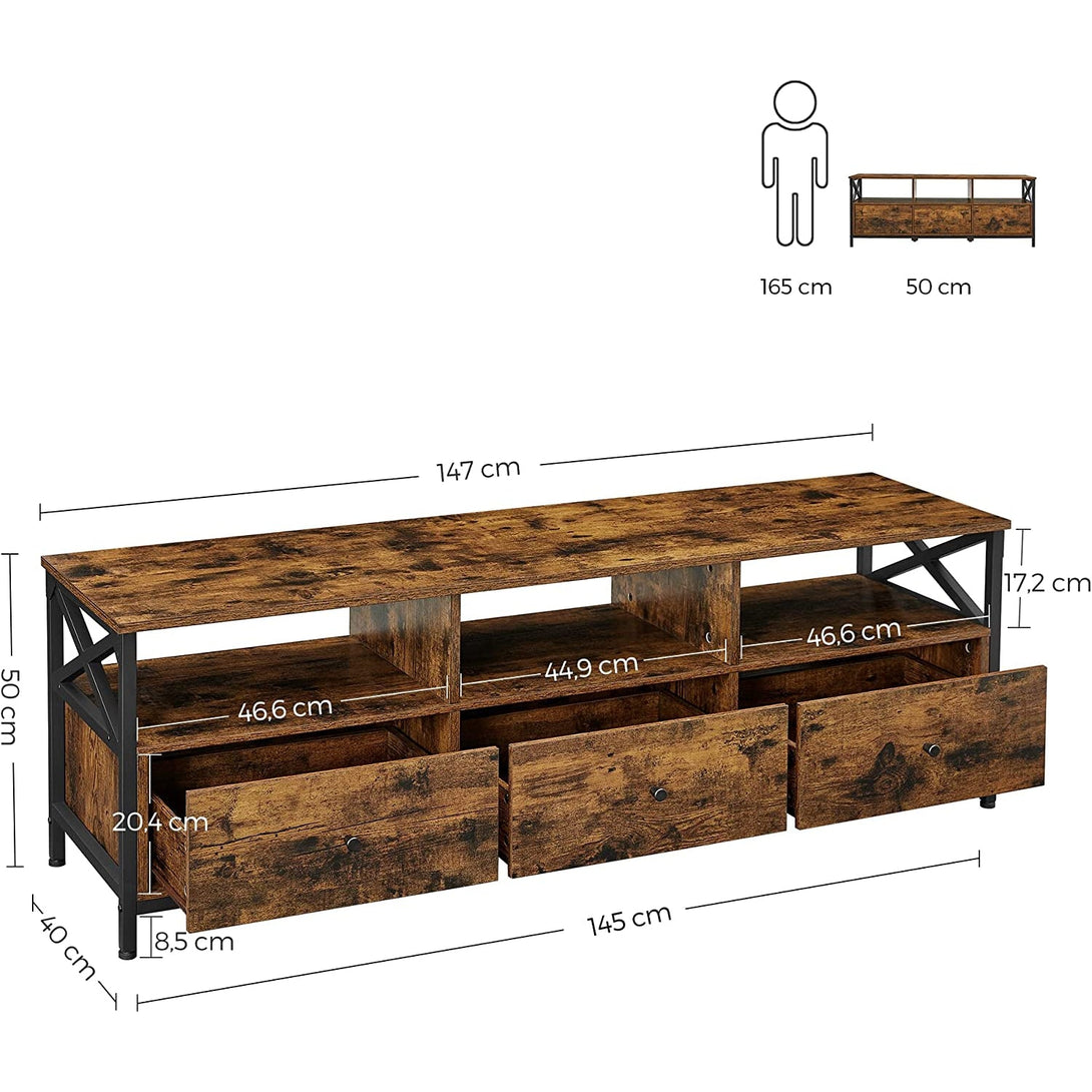 TV stalak s 3 ladice i policama za odlaganje, 147 x 50 x 40 cm, rustikalni | VASAGLE-Vasdom.hr